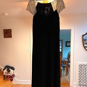 JS Boutique Black Evening Gown with Gold Sequined Capsleeves--US10